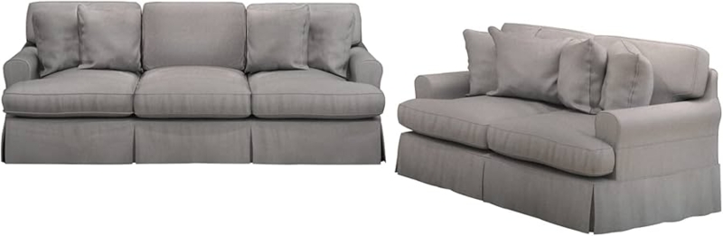 Slipcovered Living Room Set Light Gray Skirted Base Rolled Arms