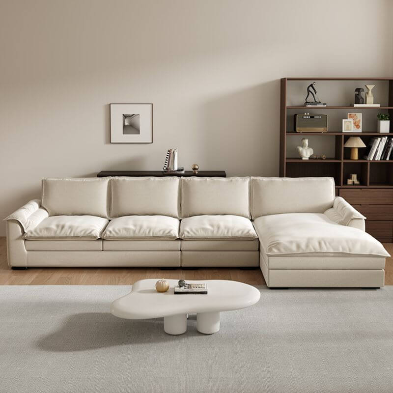 Slipcovered Sectional Chaise Lounge Ivory Linen-Like Coastal Style