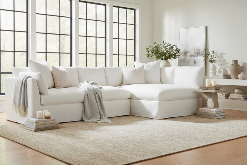Slipcovered Sectional Sofa in Cream Linen-Like Fabric with Chaise