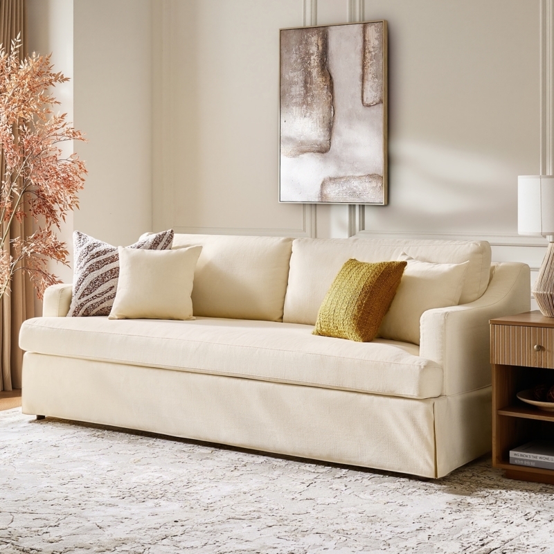 Slipcovered Sofa in Beige Linen-Like Fabric with Rolled Arms