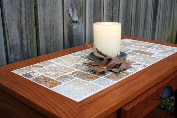 Small Coffee Table Cobbled Path Stone Mosaic Wood Base Rustic