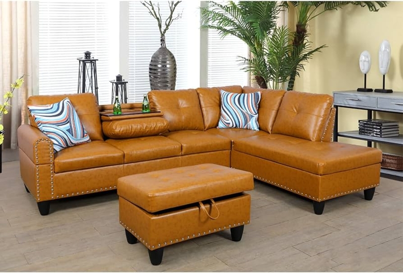 Small Sectional Sofa with Drop-Down Table, Ginger Tufted Leather-Like