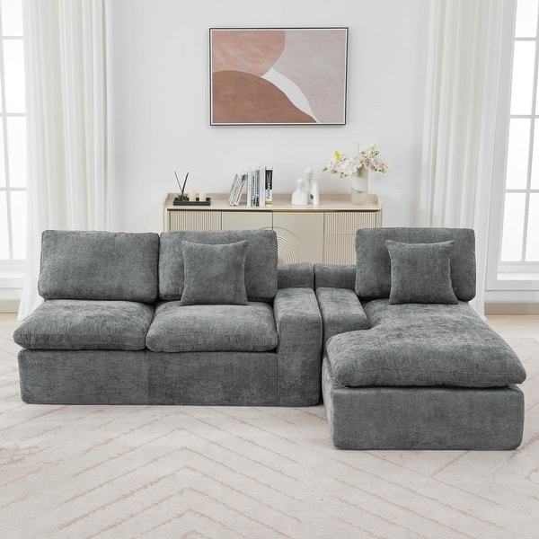 Small Space L-Shaped Sectional Chenille Fabric Tapered Legs Gray