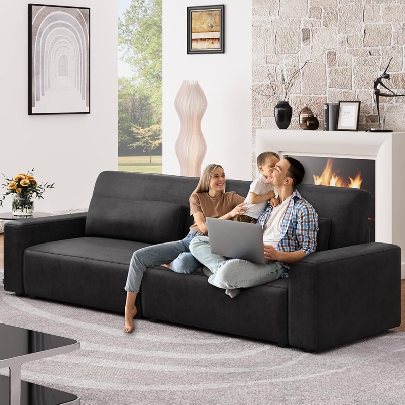 Sofa 105" Black Faux Leather 28" Deep Seat Four Seater Contemporary Style