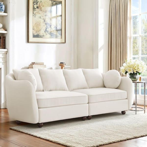 Sofa 90 Inch Chenille Upholstery Modern Beige Three Seater