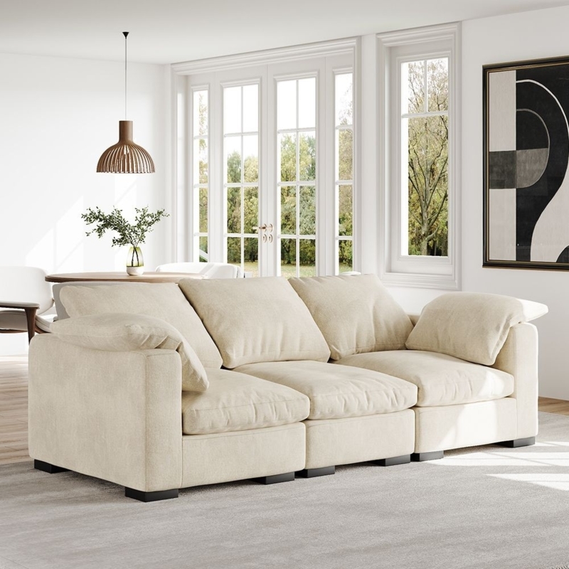 Sofa: Airy Living Room With Olive Tree, Beige Linen Look Track Arms