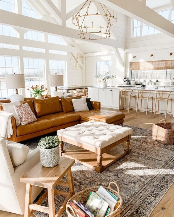 Sofa Amber Leather-Like Built-In Library Airy Modern Farmhouse