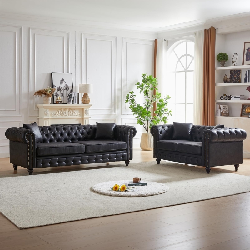 Sofa And Loveseat Set Black Faux Leather Gold Capped Legs Tufted