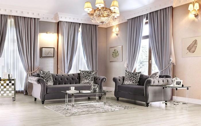 Sofa and Loveseat Set Gray Velvet with Ornate Silver Carved Frame