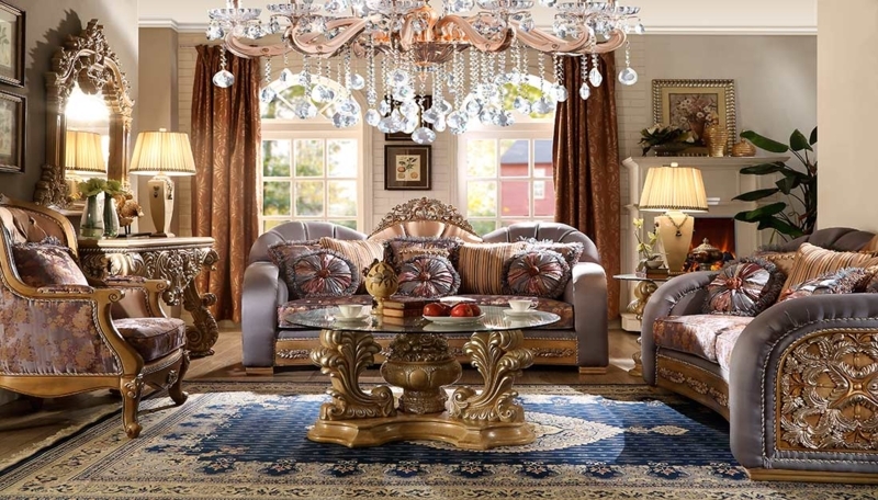 Sofa Baroque Traditional Set Jacquard Upholstery Antique Gold