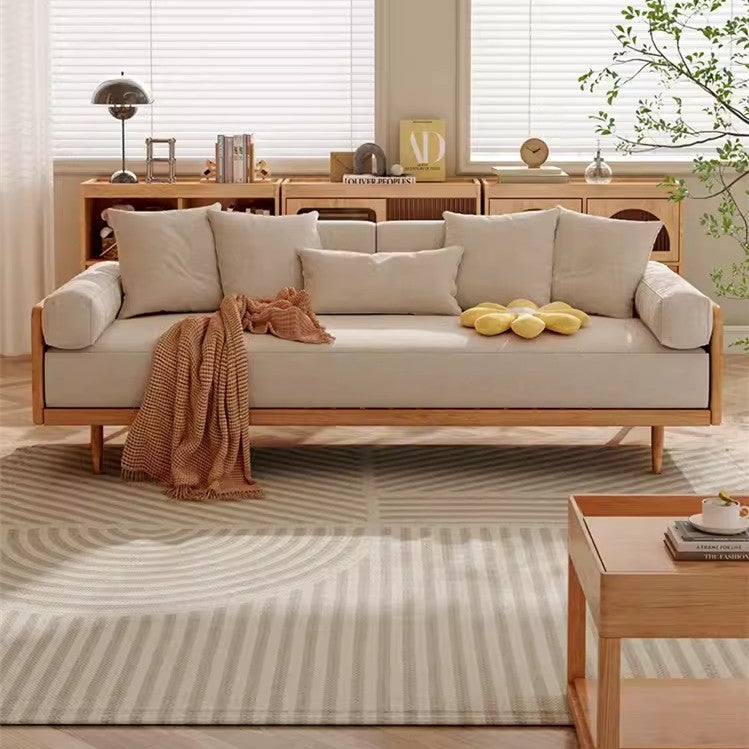 Sofa Bed Channel Tufting Exposed Wood Frame Beige Japandi