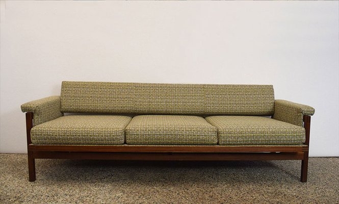 Sofa Bed Mid-Century Style with Bolster Pillows and Dark Wood Frame