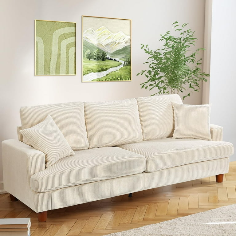 Sofa Beige Corduroy Texture Chunky Arms Low Profile Design