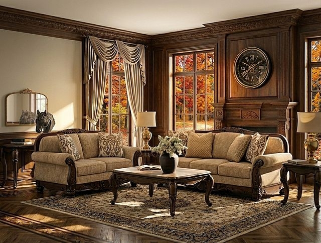 Sofa Beige Dark Wood Trim Neutral Upholstery Contrast classic design