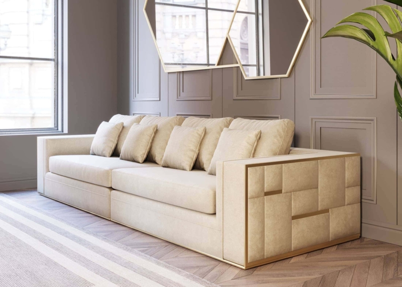 Sofa Beige Fabric Vertical Channeling Gold Metal Base Luxurious