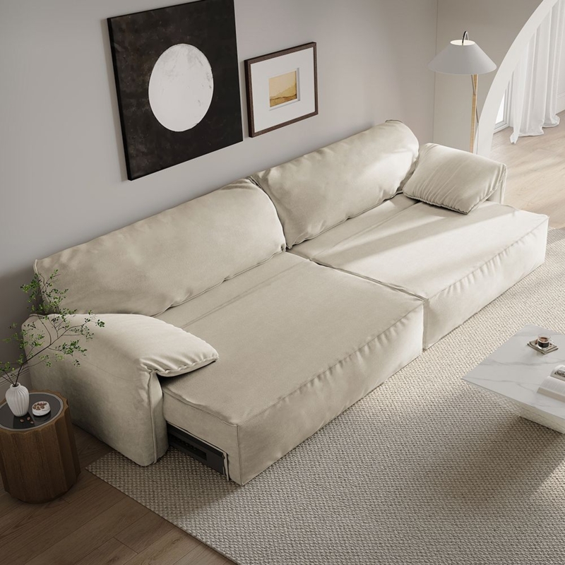 Sofa Beige Minimalist Wide Track Arms Low Profile Deep Seating