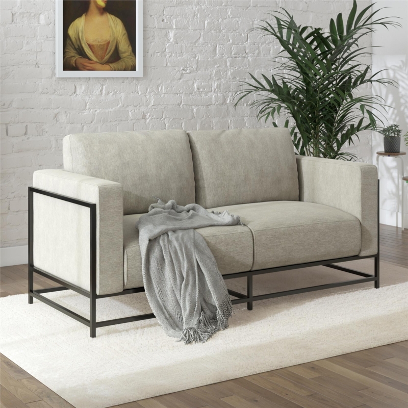 Sofa Beige Upholstery Sled Base Metal Frame Industrial Minimalist