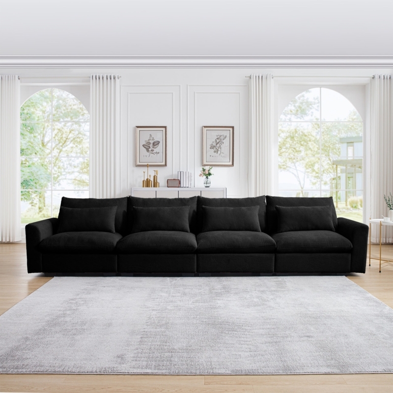 Sofa Black Corduroy Deep Seat 4 Seater with Lumbar Pillows