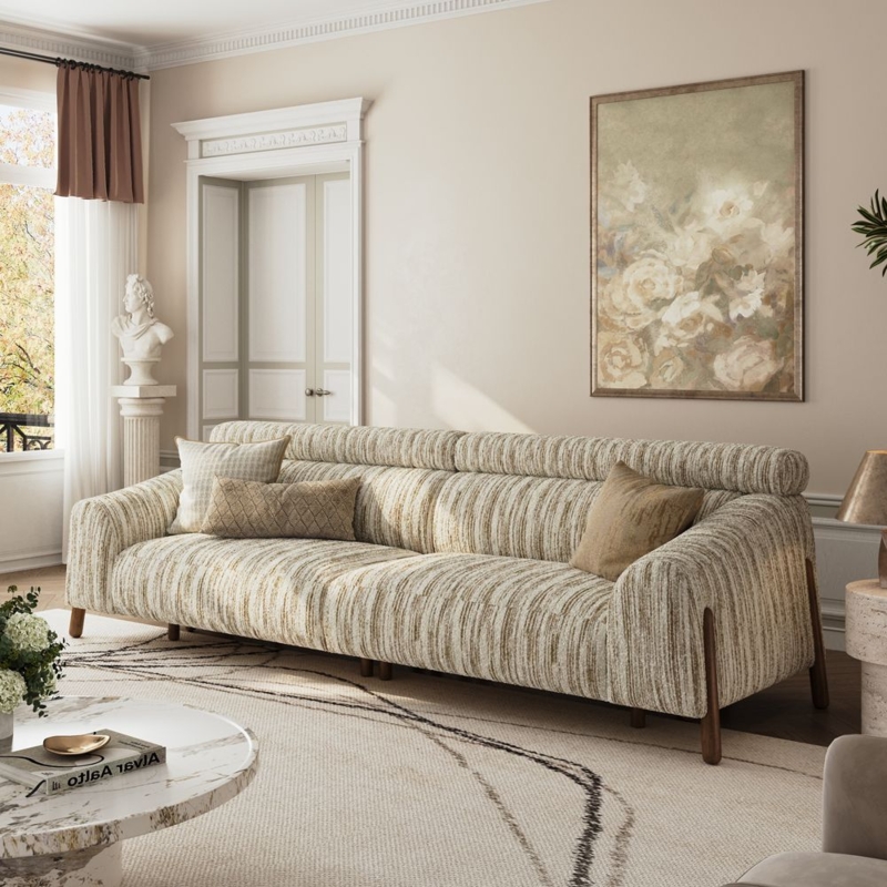 Sofa, Black High Back Support, Vertical Channeling Tapered Legs