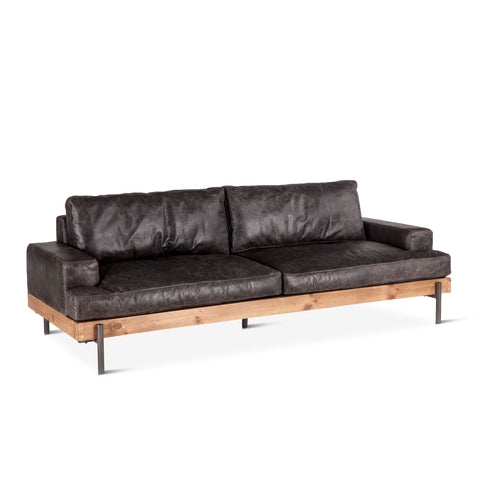 Sofa Black Leather Like Industrial Metal Base Tufted Seat