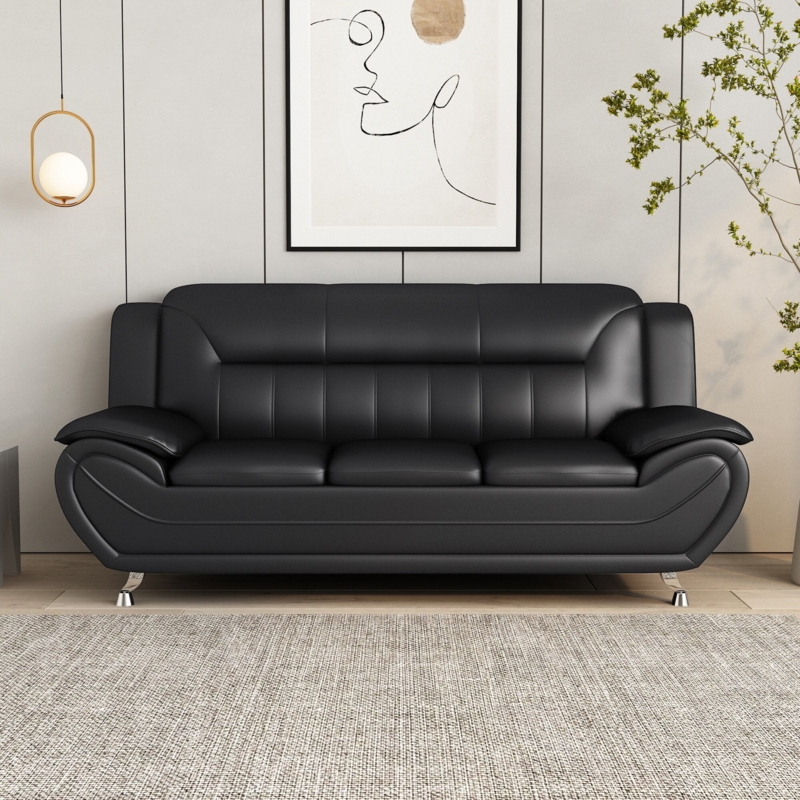 Sofa Black Leather Like Pillow Top Arms Cylindrical Metal Legs Modern