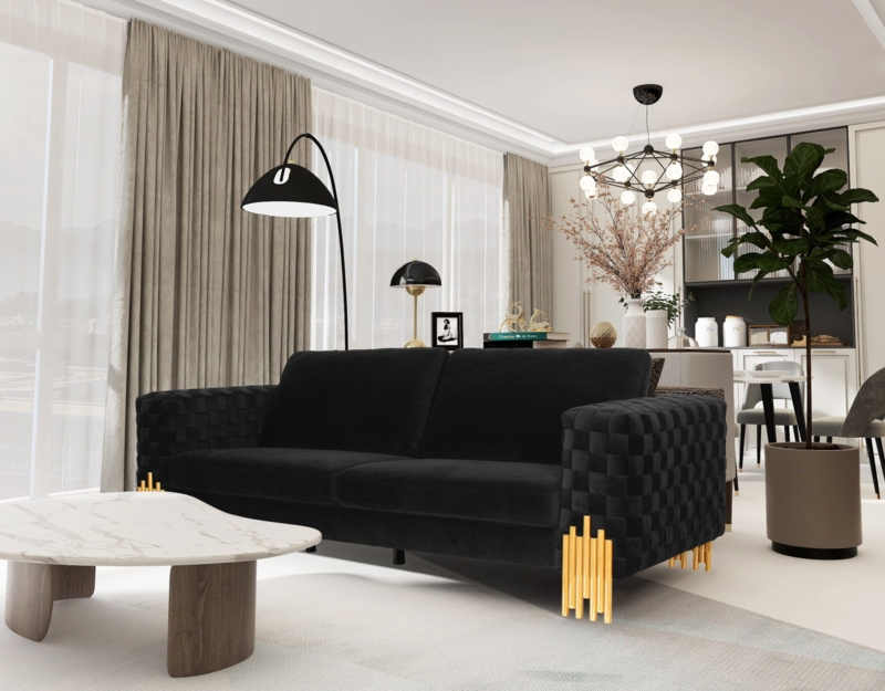 Sofa Black Velvet Look Vertical Channeling Gold Plinth Dramatic