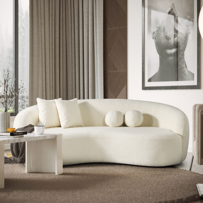 Sofa Boucle Round Arms with Bolster Pillows Sculptural