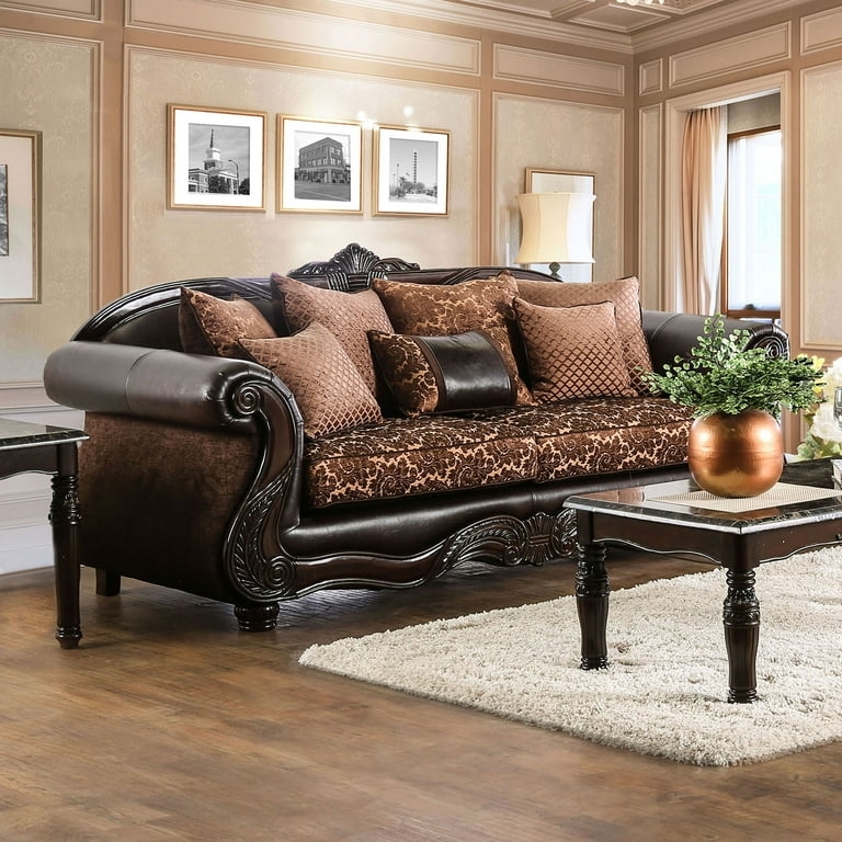 Sofa Brown Chenille Carved Wood Apron Tasseled Fringe formal seating