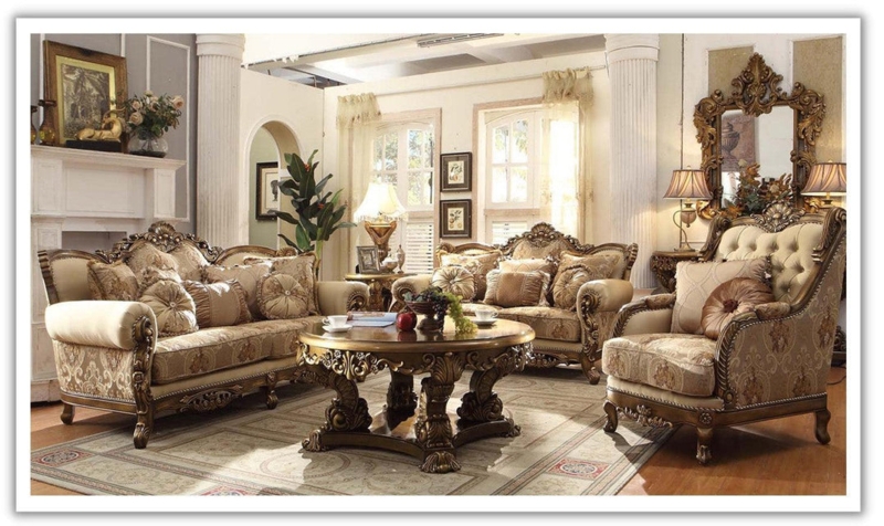 Sofa Brown Chenille Ornate Carvings Button Tufting baroque style