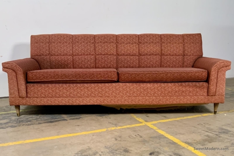 Sofa Camel Square Tufted Back Wood Plinth Base Mid Century Modern