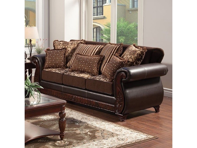 Sofa Carved Wood Trim, Nailhead Trim, Rolled Arms, Bracket Feet