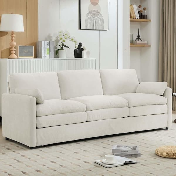 Sofa Chenille Texture Deep Profile Track Arms Cozy Beige Chenille Sofa