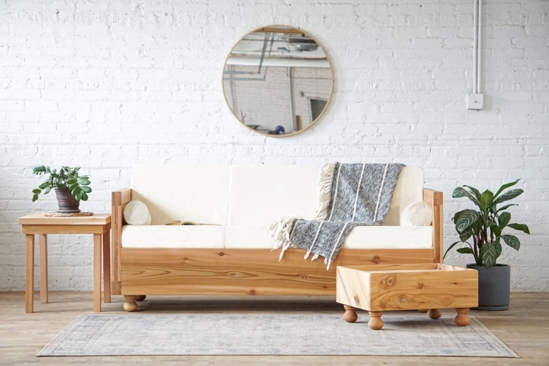 Sofa Chunky Wood Frame Low Profile Silhouette Cream Organic