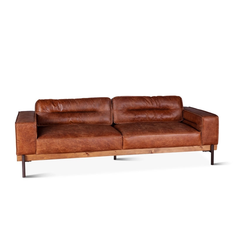 Sofa Cocoa Leather Track Arms Mid-Century Modern Three Seat Couch