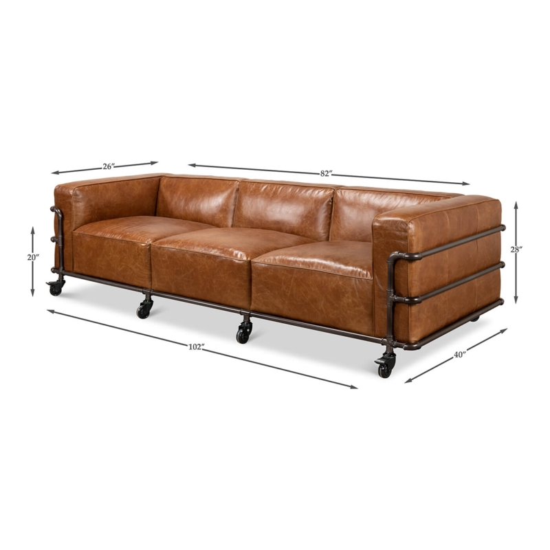 Sofa Cognac All Over Button Tufting Industrial Caster Base
