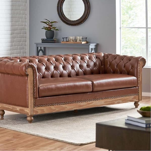 Sofa Cognac Faux Leather Button Tufted Back Rolled Arms Retro