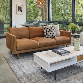 Sofa Cognac Leather Industrial Metal Legs Bench Seat Minimalist