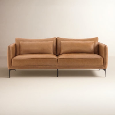 Sofa Cognac Leather Like Tapered Legs Bolster Pillows