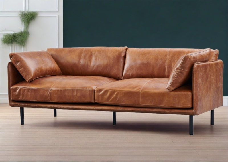 Sofa Cognac Leather Look Grid Tufted Slim Profile Industrial