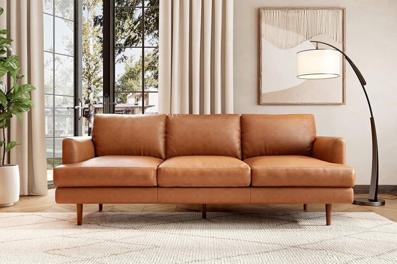 Sofa Cognac Leather Tapered Legs Mid-Century Track Arms Bright