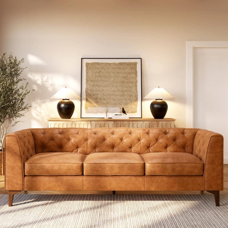 Sofa Cognac Leather Tufted Seat Square Arms Tapered Legs Mid-Century