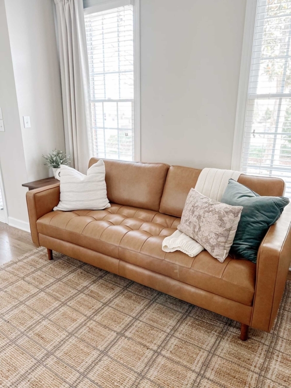 Sofa Cognac Tufted Leather Bolster Pillows Transitional Style