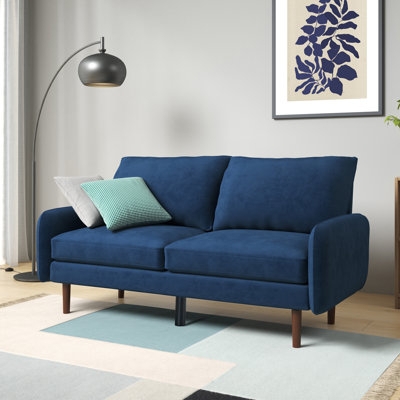 Sofa Compact 70 Inch Navy Velvet Tapered Wood Legs Mid-Century