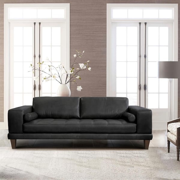Sofa, Contemporary Leather-Like with Tapered Wood Legs and Track Arms