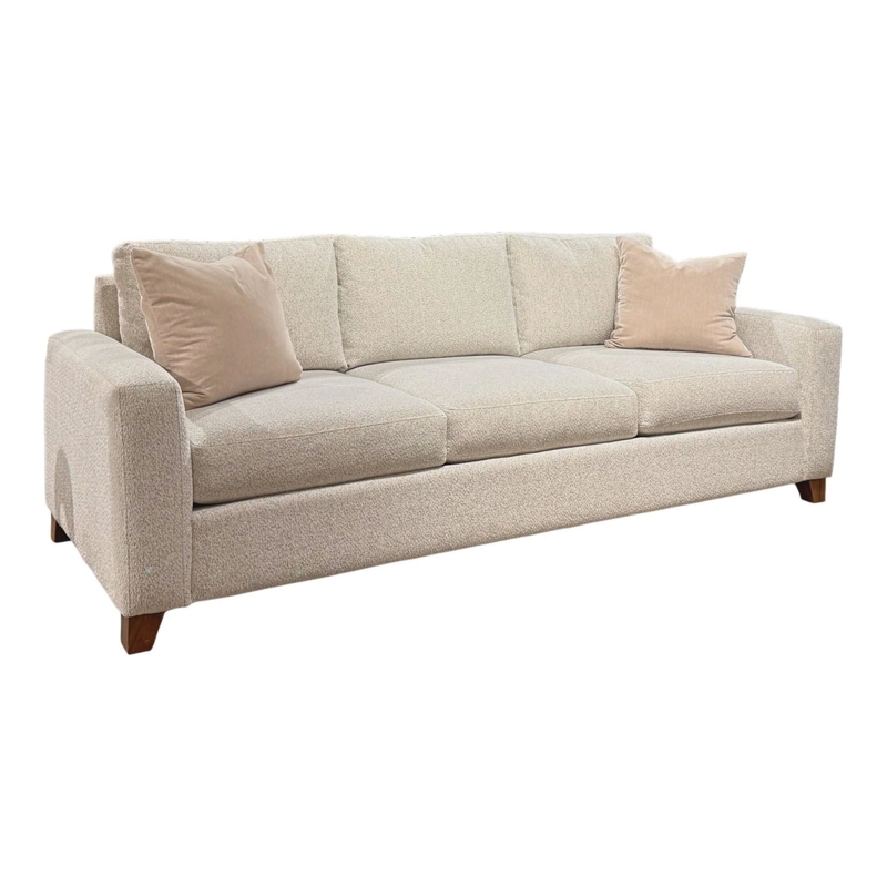 Sofa: Contemporary Light Beige Sofa, Boxed Cushions Textured Weave Track Arms