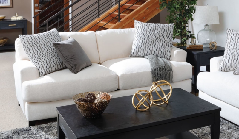 Sofa: Contemporary Track Arm Design with Slate Grey Woven Fabric