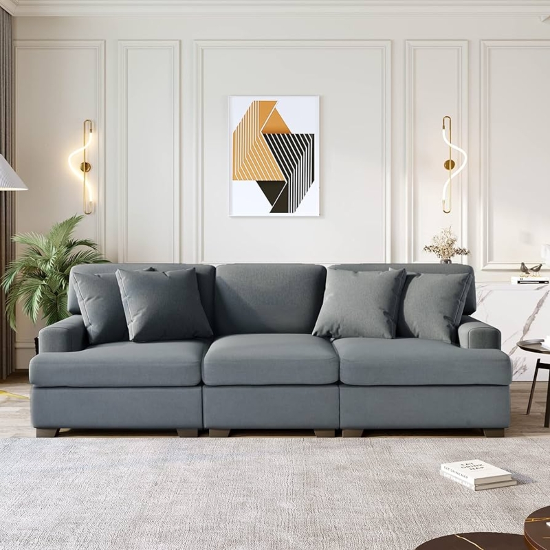 Sofa Cool Grey Fabric Square Arms Loose Back Cushions Contemporary