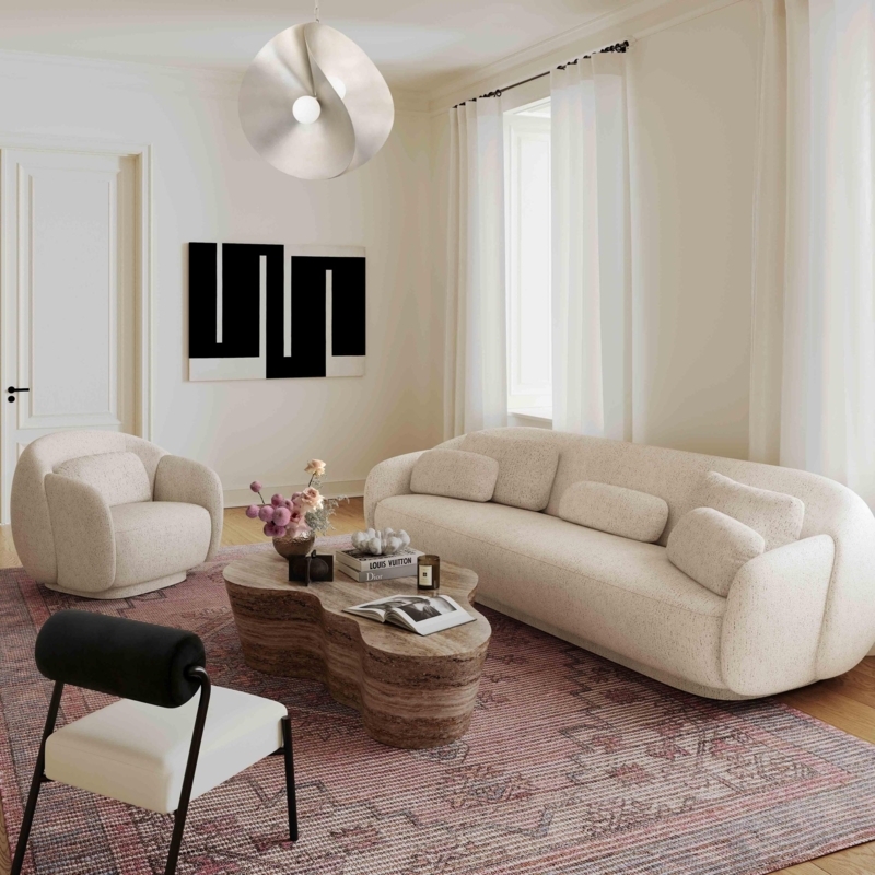 Sofa Cream Boucle Sculptural Segmented Back Sophisticated