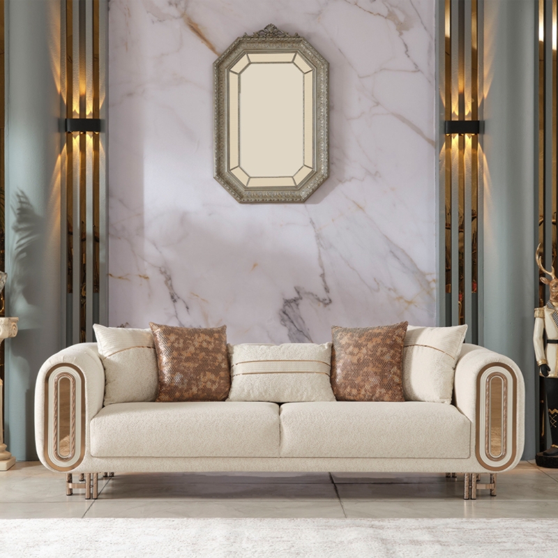 Sofa Cream Boucle Tuxedo Silhouette Gold Vertical Accents Luxury