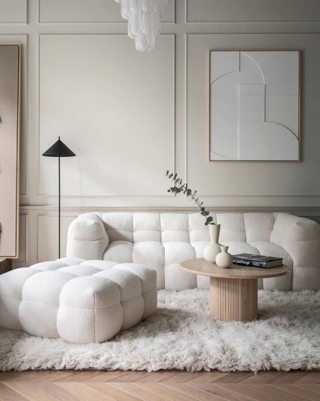 Sofa Cream Boucle Vertical Channeling Curved Glam